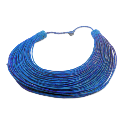 Leather statement necklace, 'Sugri' - Handmade Blue Leather Multi-Strand Statement Necklace
