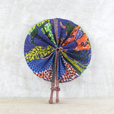 Cotton and leather hand fan, 'Ghana Breeze' - Handcrafted Multicolored Cotton and Leather Fan from Ghana