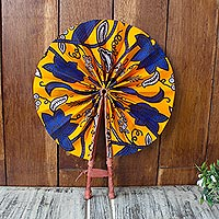 Cotton and leather hand fan, 'Ray of Sunshine'