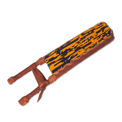 Cotton and leather hand fan, 'Ray of Sunshine' - Handcrafted Tangerine Cotton and Leather Fan from Ghana