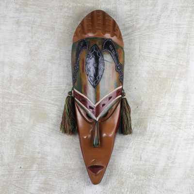 African wood mask, 'Sword of Confidence' - Sese Wood and Aluminum African Wall Mask