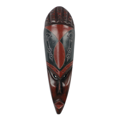 Máscara de madera africana - Máscara de pared africana negra y roja oscura de Ghana