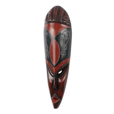 African wood mask, 'Sword of Strength' - Black and Dark Red African Wall Mask from Ghana