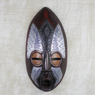 African wood mask, 'Oblong Royalty' - African Sese Wood and Aluminum Mask from Ghana
