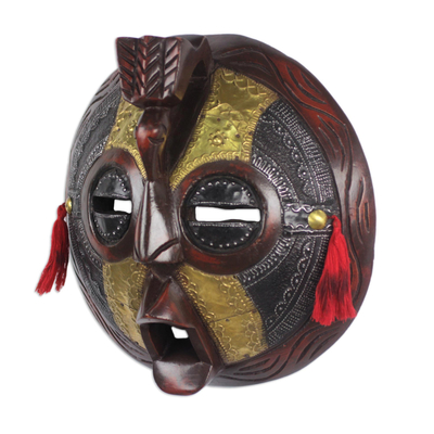 African wood mask, 'Friendly Bird' - Round African Sese Wood Brass and Aluminum Mask from Ghana