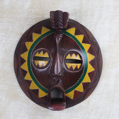 African wood mask, 'Round Sunflower Man' - African Painted Round Sese Wood Mask from Ghana