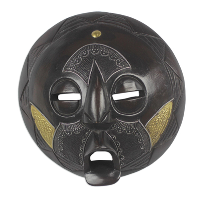 African wood mask, 'Round Romeo' - Handcrafted African Sese Wood Mask in Black from Ghana