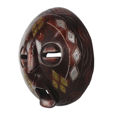African wood mask, 'Diamond Face' - Diamond Motif African Sese Wood Mask from Ghana