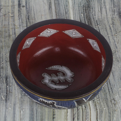 Wood decorative bowl, 'Clown Fish and Snail' - Sese Wood and Aluminum Decorative Bowl from Ghana