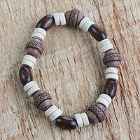 Wood and recycled plastic beaded stretch bracelet, 'Earthy Charm'