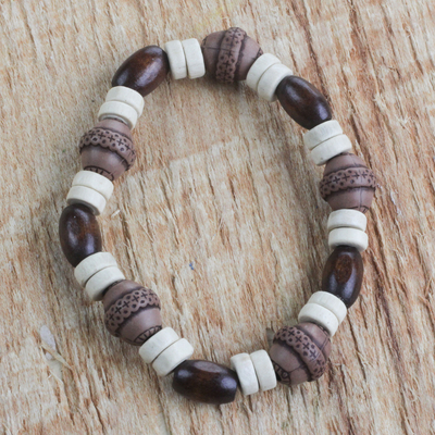 Wood and recycled plastic beaded stretch bracelet, 'Earthy Charm' - Wood and Recycled Plastic Beaded Stretch Bracelet from Ghana