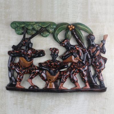 Wood relief panel, 'Drumming and Dancing' - Hand Carved Ghanaian Wood Wall Relief Panel