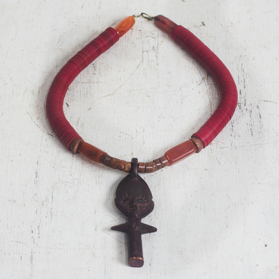 Agate and wood beaded pendant necklace, 'Eco Akuaba' - Agate and Wood Akuaba Doll Beaded Pendant Necklace
