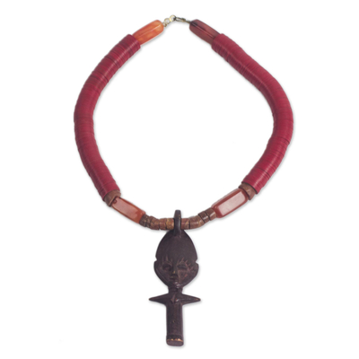 Agate and wood beaded pendant necklace, 'Eco Akuaba' - Agate and Wood Akuaba Doll Beaded Pendant Necklace