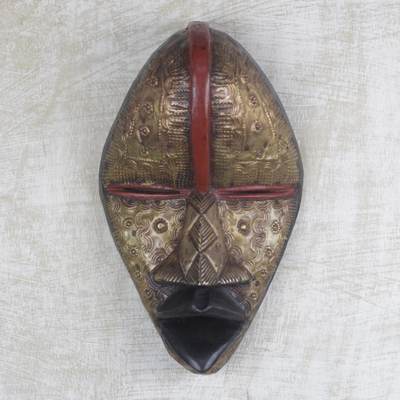 African brass plated wood mask, 'Plated Dan' - Handcrafted Dan Tribe Brass Plated Wood Mask from Ghana