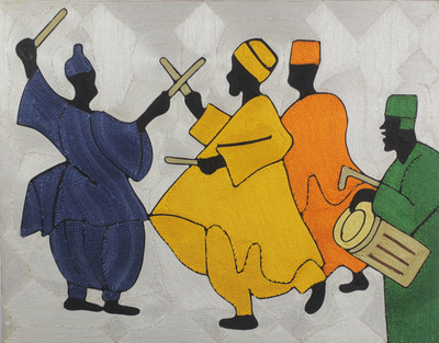 Wandkunst aus Seidenfaden – Fadenkunstkomposition mit westafrikanischem Tanzthema