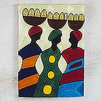 Silk thread wall art, 'Going to Market' - Hand Crafted African Silk Threadwork Wall Art
