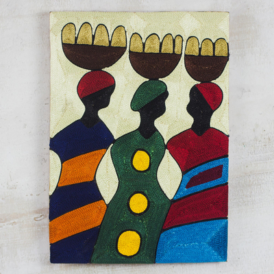 Silk thread wall art, 'Going to Market' - Hand Crafted African Silk Threadwork Wall Art