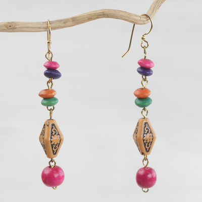 Wood and recycled plastic beaded dangle earrings, 'Joyful Morning' - Wood and Recycled Plastic Beaded Dangle Earrings from Ghana
