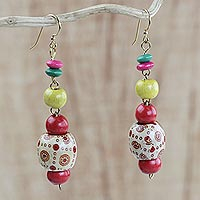 Wood beaded dangle earrings, 'Joyful Sunrise' - Handmade Colorful Wood Beaded Dangle Earrings from Ghana
