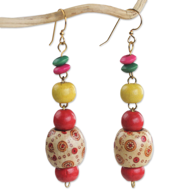 Wood beaded dangle earrings, 'Joyful Sunrise' - Handmade Colorful Wood Beaded Dangle Earrings from Ghana