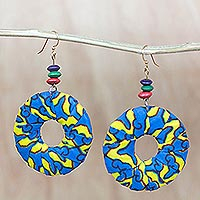 Cotton and wood hoop earrings, 'Vibrant Africa' - Blue and Yellow Cotton Hoop Dangle Earrings from West Africa