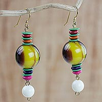 Wood and recycled plastic beaded dangle earrings, 'Vivid Celebration' - Wood and Recycled Plastic Beaded Dangle Earrings from Ghana