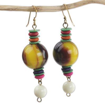 Wood and recycled plastic beaded dangle earrings, 'Vivid Celebration' - Wood and Recycled Plastic Beaded Dangle Earrings from Ghana