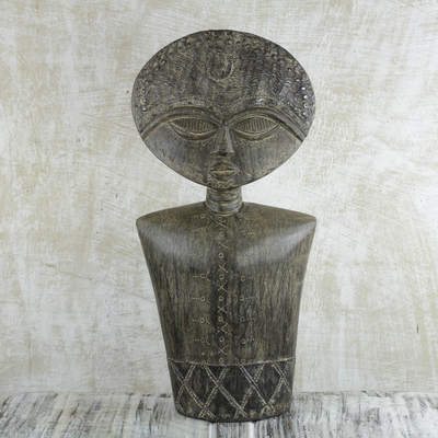 Wood sculpture, 'Ashanti Fertility' - Hand Carved Fertility Doll Sculpture with Embossed Metal