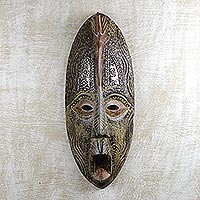 African wood and aluminum mask, 'Vigor' - Hand Carved West African Wood and Aluminum Wall Mask