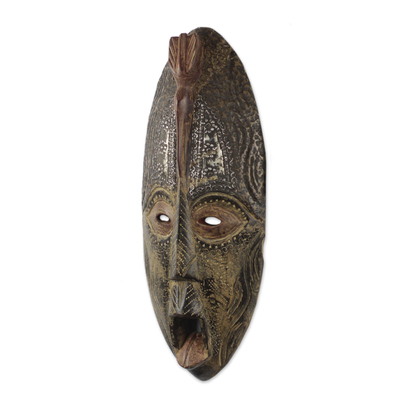 Máscara africana de madera y aluminio, 'Vigor' - Máscara de pared de aluminio y madera de África Occidental tallada a mano