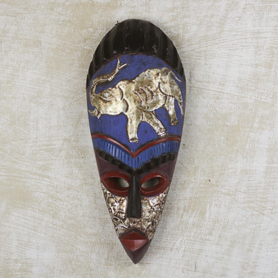 African wood mask, 'Step Ahead' - Handcrafted African Wood Mask with Elephant Motif