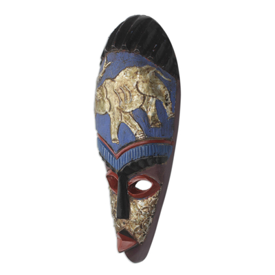 African wood mask, 'Step Ahead' - Handcrafted African Wood Mask with Elephant Motif