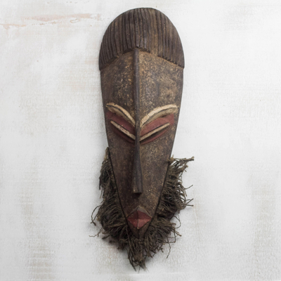 African wood mask, 'Old One' - Wood Mask with Jute Beard from African Artisan