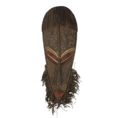 African wood mask, 'Old One' - Wood Mask with Jute Beard from African Artisan