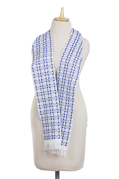Cotton and rayon blend kente scarf, 'Royal Blue Hotsui' - Handwoven Cotton Blend Kente Scarf in Royal Blue from Ghana
