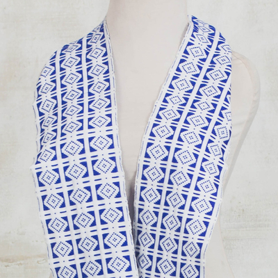 Cotton and rayon blend kente scarf, 'Royal Blue Hotsui' - Handwoven Cotton Blend Kente Scarf in Royal Blue from Ghana