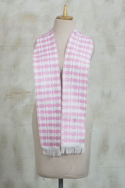 Cotton and rayon blend kente scarf, 'Carnation Hotsui' - Handwoven Cotton Blend Kente Scarf in Carnation from Ghana