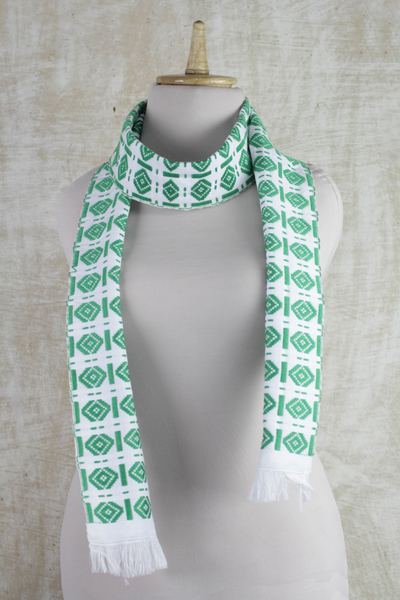 Cotton and rayon blend kente scarf, 'Kiwi Hotsui' - Handwoven Cotton Blend Kente Scarf in Kiwi from Ghana