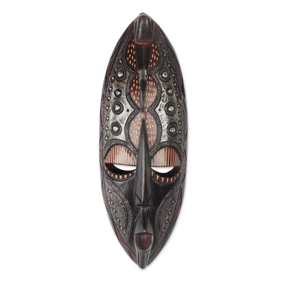 Máscara de madera africana - Máscara africana de madera de sésé y metal hecha a mano