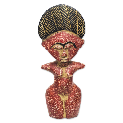 Wood statuette, 'Obaa Sima in Red' - Hand Carved Wood Female Figure Statuette from Ghana