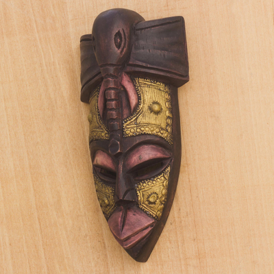 African wood mask, 'The Elephant is my Friend' - Elephant Themed Wood and Brass Repousse Mask