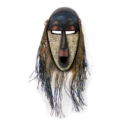 African wood mask, 'Abajo' - Jute Bearded African Wood Mask from Ghana