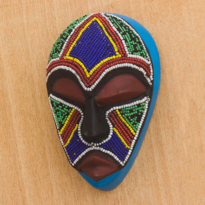 African beaded wood mask, 'Abusua' - Colorful Beaded African Wood Mask from Ghana