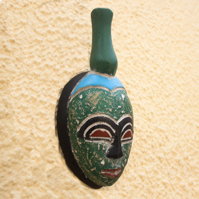 African wood mask, 'A Person of Dignity' - Blue and Green Handmade African Wood Mask