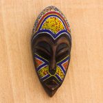 African beaded wood mask, 'Domeabra' - Colorful African Mask with Recycled Glass Beads