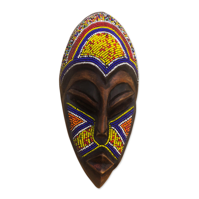 African beaded wood mask, 'Domeabra' - Colorful African Mask with Recycled Glass Beads