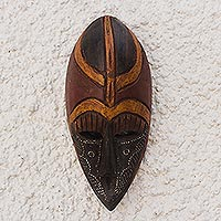 African wood mask, 'Noyim' - Artisan Crafted Aluminum and Wood Wall Mask