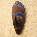 African wood mask, 'Rise and Conquer' - African Wood Wall Mask with Embossed Aluminum