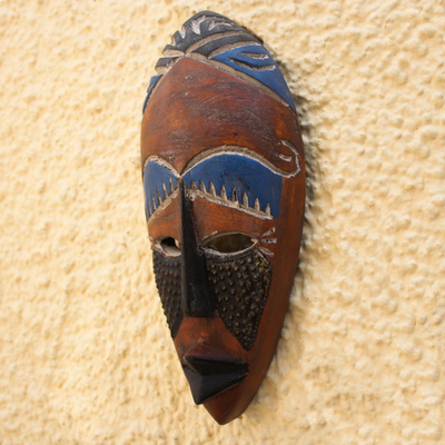 African wood mask, 'Rise and Conquer' - African Wood Wall Mask with Embossed Aluminum